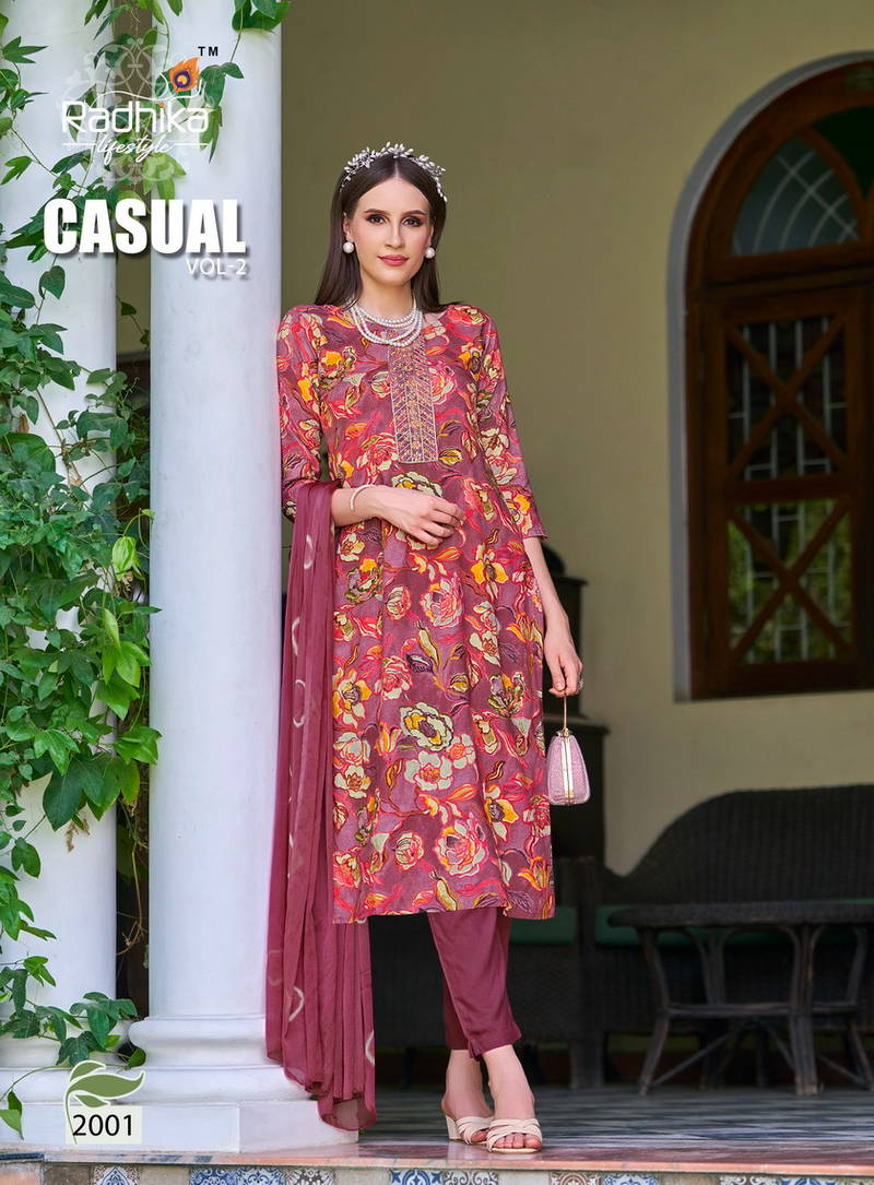 Casual Vol 2 By Radhika Rayon Printed Kurti With Bottom Dupatta Wholesale Shop In Surat